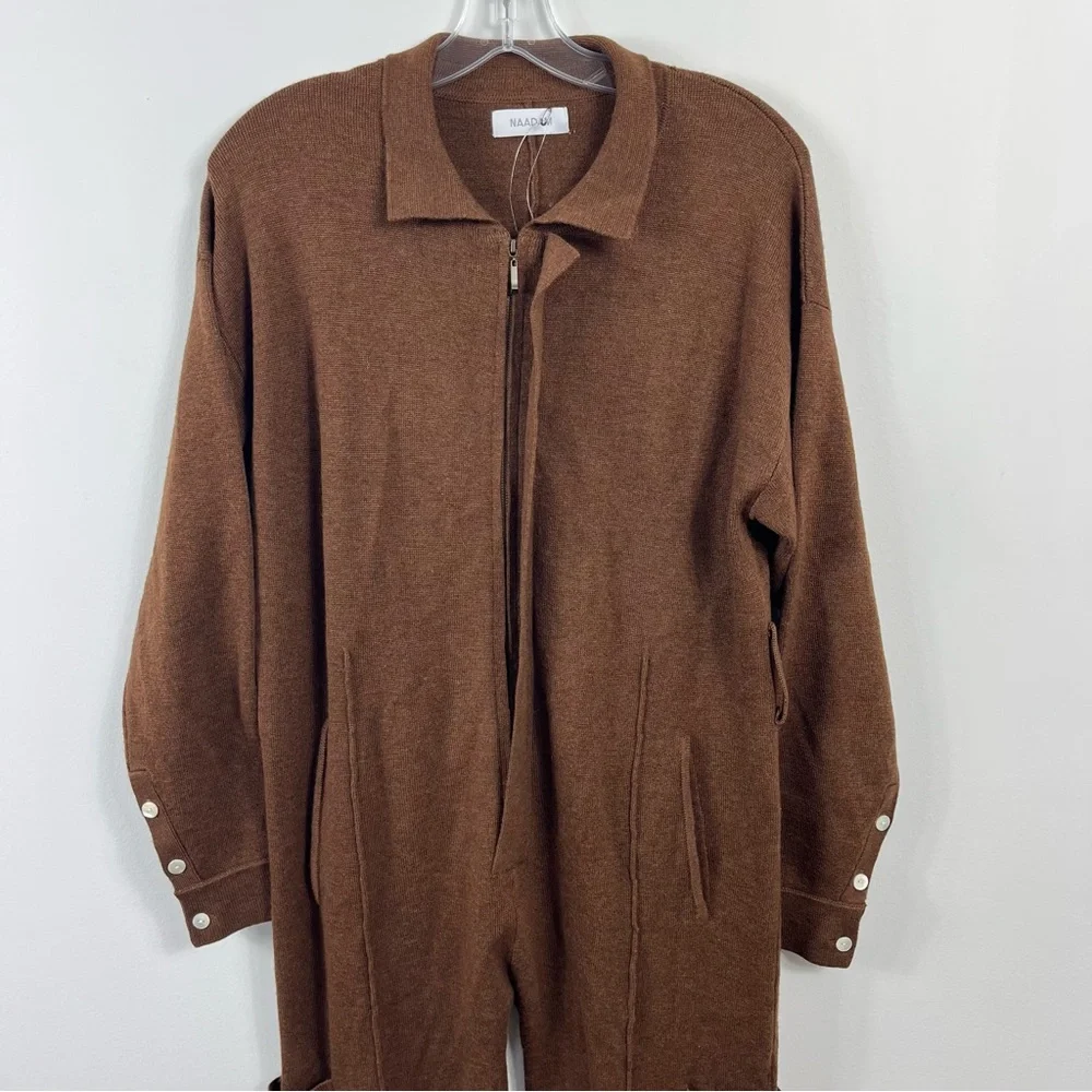 Naadam Textured Merino Wool Blend Long Sleeve Cargo Jumpsuit Chocolate Brown - Picture 2 of 5